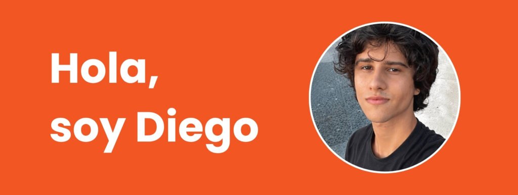 Banner naranja con la frase "Hola, soy Diego" y fotografía de perfil de Dieg